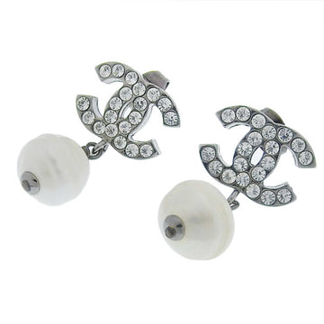 CHANEL Rhinestone Pearl Coco Mark Earrings Silver Women's