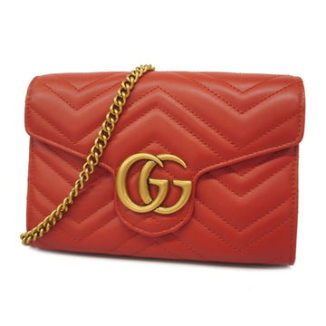 GUCCIAuth  Chain Wallet GG Marmont 474575 Gold Hardware Women's Leather Red