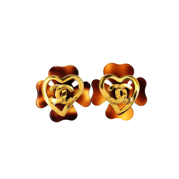 Chanel Clover Coco Mark Heart Earrings Tortoiseshell Brown Gold 95P Vintage Accessories