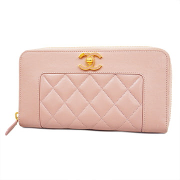 CHANELAuth  Matelasse Bi-fold Long Wallet Gold Metal Fittings Leather Pink