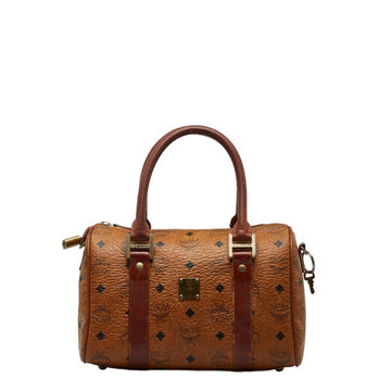 MCM Visetos Glam Boston Bag Handbag Brown Leather Ladies