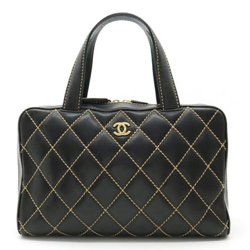 CHANEL Wild Stitch Handbag Boston Bag Leather Black A14692