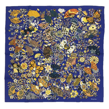 HERMES Scarf Muffler Carre 90 Fleurs et papillons de Tissus Flower Blooming Woven Blue BLEU NUIT/MIEL/OCRE 100% Silk