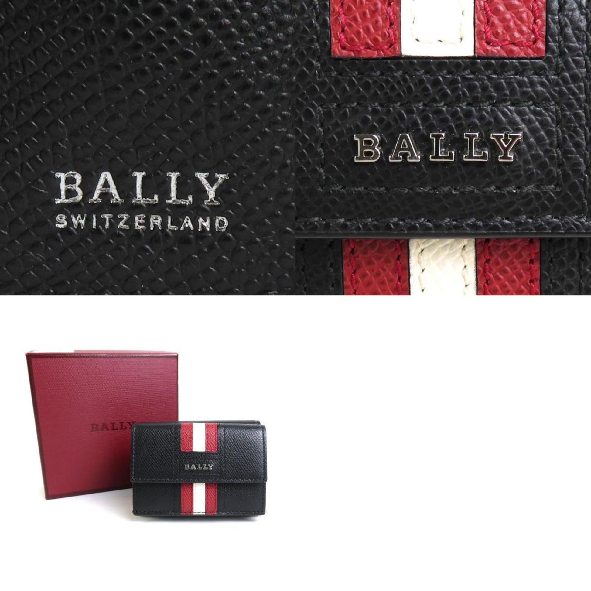 BALLY Trifold Wallet Leather Black x Red White Unisex