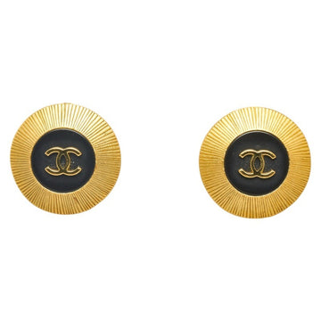 CHANEL Coco Mark Round Earrings Gold Black Plated Women's