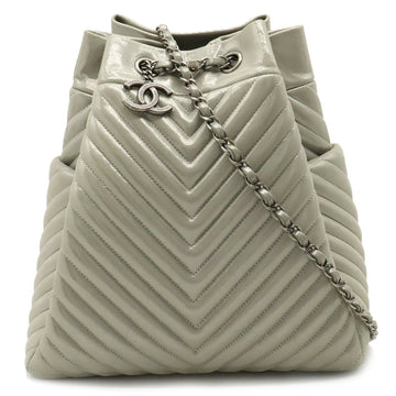 CHANEL Chevron V Stitch Drawstring Shoulder Bag Chain Coated Leather Silver A91136