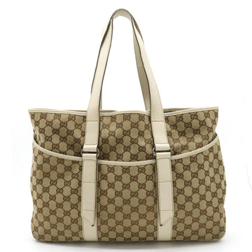 GUCCI GG Canvas Tote Bag Shoulder Leather Khaki Beige 153238