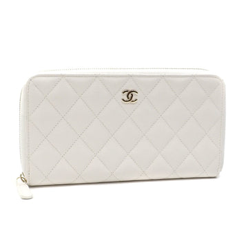 CHANEL Round Long Wallet Matelasse Women's White Caviar Skin AP0242Y Coco Mark Leather 041755