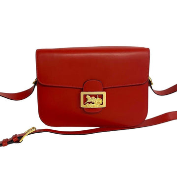 CELINE Vintage Carriage Metal Calf Leather Genuine Shoulder Bag Pochette Sacoche Red