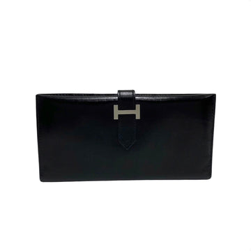 HERMES Bearn Logo Hardware Box Calf Leather Genuine Bifold Long Wallet Black Silver