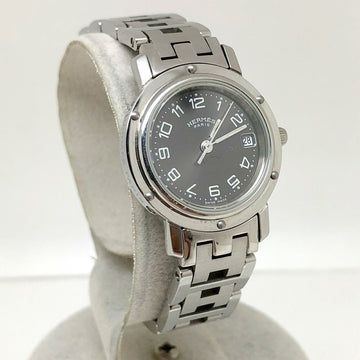 HERMES clipper watch CL4.210 quartz silver black dial stainless steel SS ladies