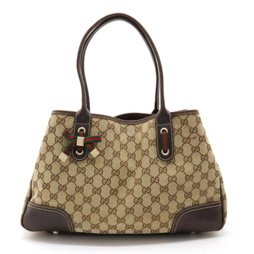 GUCCI GG Canvas Princey Line Ribbon Tote Bag Shoulder Leather Khaki Beige Dark Brown 163805