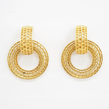 CHANEL round circle hoop earrings lattice gold ladies