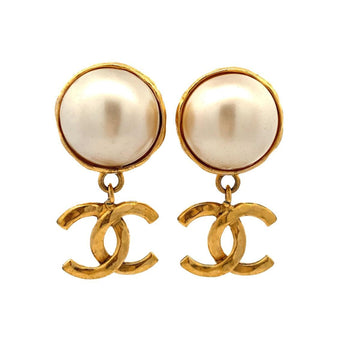 CHANEL Earrings Vintage Coco Mark Round Circle Fake Pearl GP Plated Gold 95P Ladies