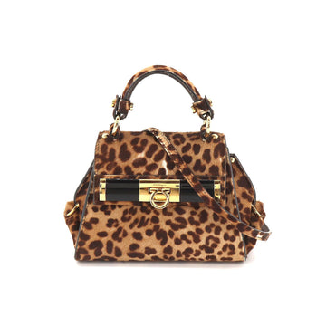 SALVATORE FERRAGAMO Leopard 2way Mini Hand Shoulder Bag Harako Brown Gold Hardware