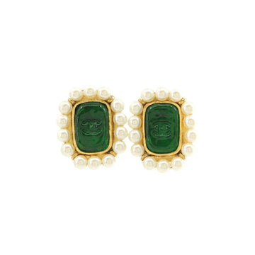 Chanel grippore fake pearl earrings gold green white 94A vintage accessories Vintage Earrings