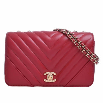 CHANEL Lambskin V Stitch Coco Mark Chain Shoulder Bag Red Women's