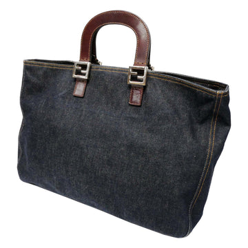 FENDI Old Fendi Vintage Tote Bag Handbag Unisex 1990s 90's Casual Plain Denim/Leather Silver Hardware Indigo/Brown