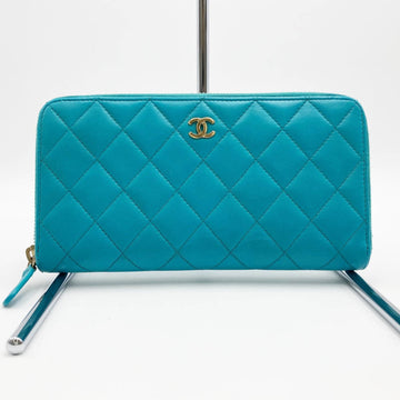 CHANEL long wallet Matelasse here mark turquoise blue green lambskin ladies fashion accessory USED