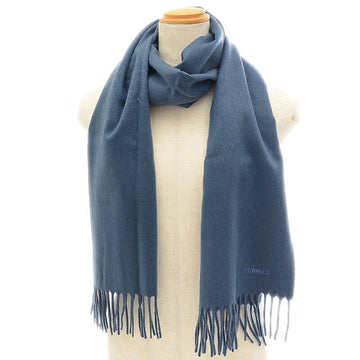 HERMES scarf fringe logo embroidery blue system 45×170cm cashmere 100%
