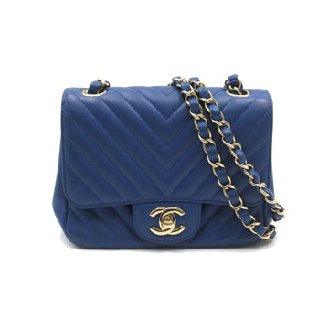 CHANEL V-stitched ChainShoulder Blue Lambskin [sheep leather]