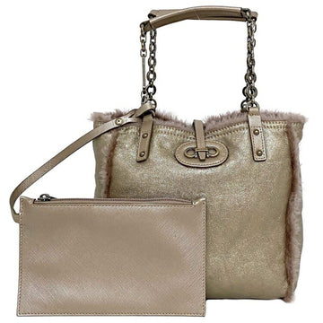 Salvatore Ferragamo Reversible Tote Bag Pink Gold Gancini AU-21 C130 Leather Fur Dull Handbag