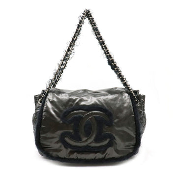 Chanel CC here mark fabric flap nylon tote bag metallic gray black 9697