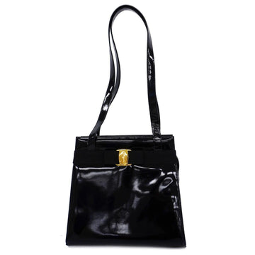 SALVATORE FERRAGAMO Shoulder Bag Vara Enamel Leather Black Gold Hardware Women's