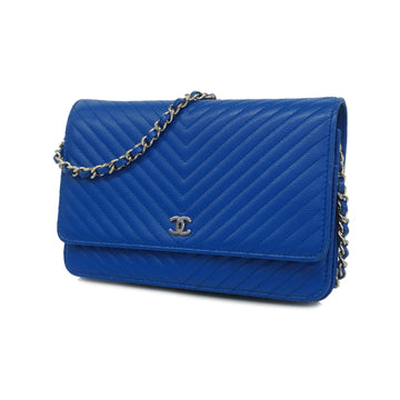 CHANELAuth  Chain Wallet V Stitch Women's Caviar Leather Chain/Shoulder Wallet Blue