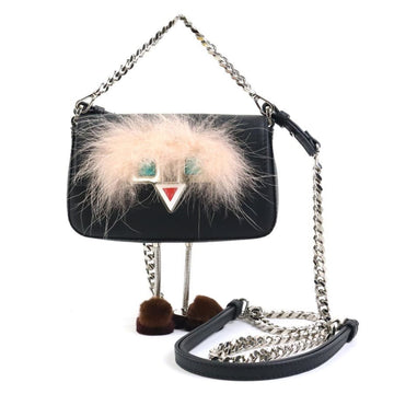 FENDI Crossbody Shoulder Bag Handbag Micro Baguette Leather/Fur Black/Multicolor Silver Ladies