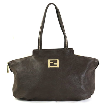 FENDI shoulder bag FF logo leather metallic dark brown gold ladies