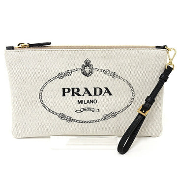 PRADA Logo Flat Pouch Clutch Bag Canvas with Strap 1NH018 NATURALE+NERO Gold Hardware