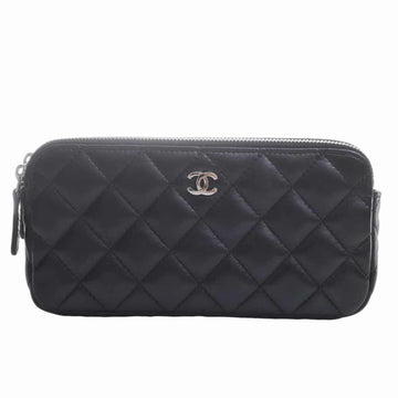 CHANEL Lambskin Matelasse Coco Mark Chain Shoulder Long Wallet - Black