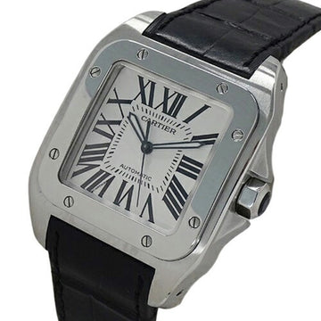 CARTIER Watch Men's Brand Santos 100 LM Automatic AT Stainless Steel SS Leather W20073X8 Silver Black Polished