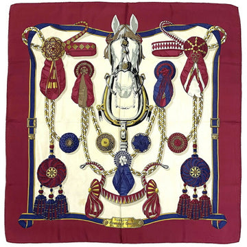 HERMES Scarf Carre 90 Bordeaux White Gold Full Rosette Silk  Frontaux et Cocardes Horse Pattern Ribbon Rope Ladies Red