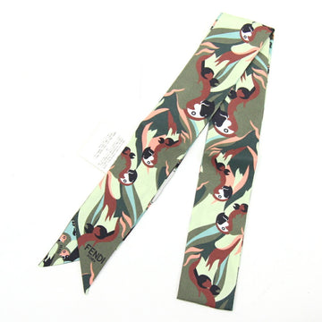 FENDI Scarf Muffler Wrappy FXT011 Khaki Light Green Brown 100% Silk Ribbon Bag Charm Women's