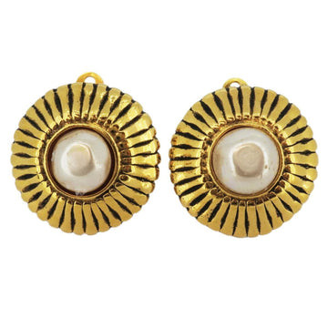 CHANEL earrings vintage round circle fake pearl GP plated gold white ladies