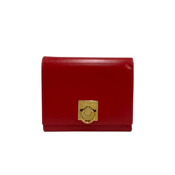 CELINE Vintage Ring Hardware Logo Calf Leather Genuine Trifold Wallet Mini Red 23952