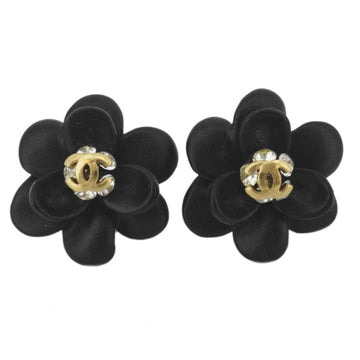 CHANEL Earrings Coco Mark Camellia Flower Motif Rhinestone Plastic GP Plated Gold Black 02A Women's