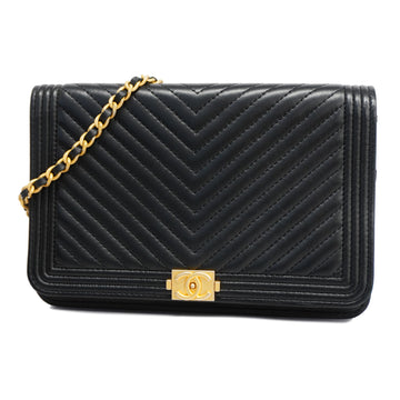 CHANEL[3yc1526] Auth  Chain Wallet V Stitch Leather Black Gold metal