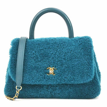 CHANEL Handbag Shoulder Bag Coco Handle Mouton Fur/Leather Dark Blue Gold Women's