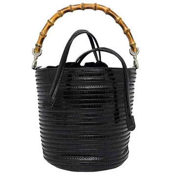 GUCCI Handbag Black Beige Silver Bamboo 031 1014 1722 Patent Leather Suede  Bucket Bag Tote Enamel Women's