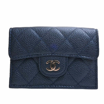 CHANEL Caviar Skin Matelasse Coco Mark Tri-fold Compact Wallet Metallic Blue Ladies