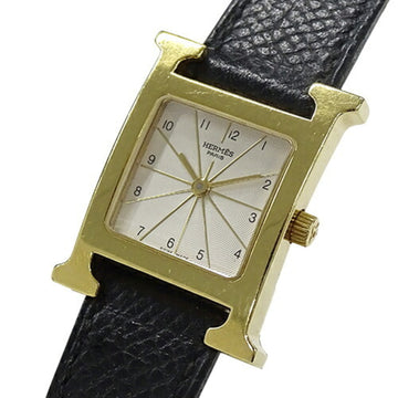 HERMES watch ladies H quartz GP stainless steel SS leather HH1.201 gold black A