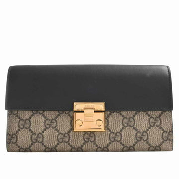 GUCCI GG Supreme Leather Padlock Chain Bifold Long Wallet 453506 Beige Black