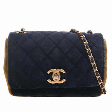 CHANEL Velor Matelasse Camellia Coco Mark Chain Shoulder Bag Navy/Yellow Women's