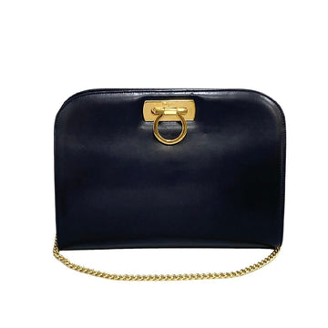 SALVATORE FERRAGAMO Gancini Hardware Leather Genuine Chain Mini Shoulder Bag Navy