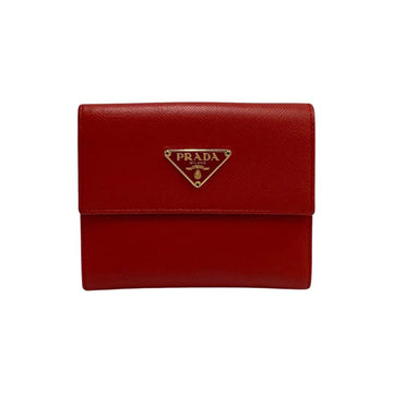 PRADA Triangle Logo Metal Fittings Saffiano Leather Genuine Bifold Wallet Mini Coin Case Purse Red