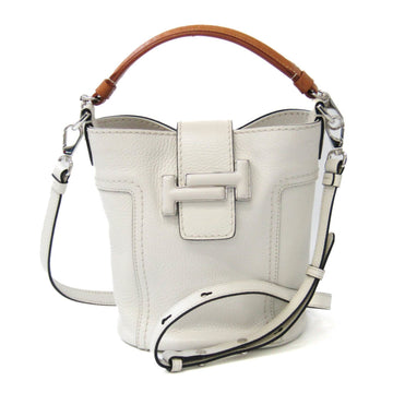 TOD'S Double T Bucket Women's Leather Shoulder Bag,Tote Bag Brown,White