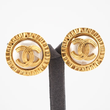 CHANEL Fake Pearl 94A Coco Mark Earrings Gold Women's